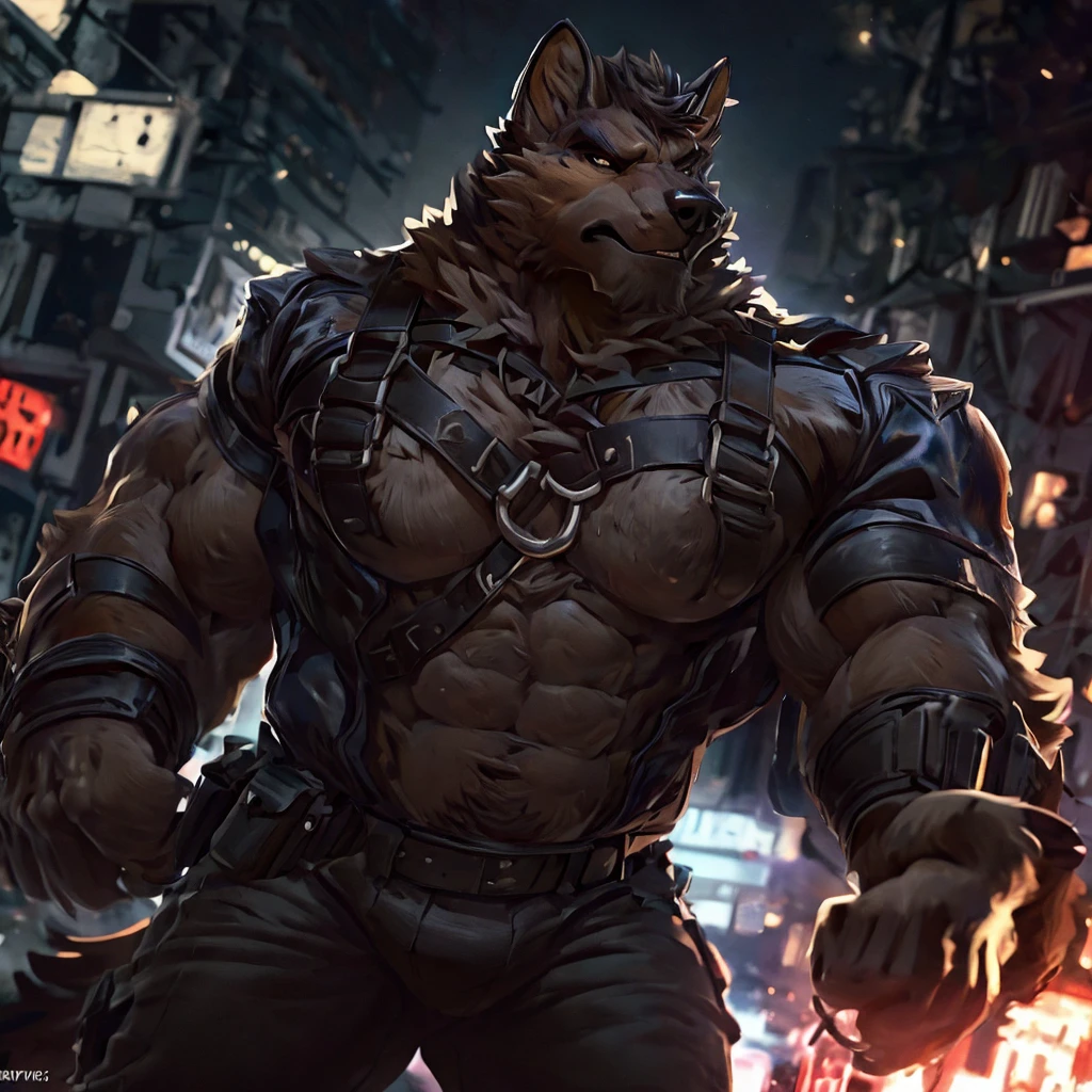 muscular male anthropomorphic german shepherd, black leather harness, police badge on harness, daddy on harness, black leather pants, black fur on body, tan fur on body, light light brown fur on body, full sliver watch on left wrist , extremely detailed, photo-realistic, cinematic lighting, dramatic shadows, powerful presence, rugged and intimidating, striking pose, intense gaze, chiseled features, rippling muscles, sleek and imposing, urban setting, gritty and industrial, moody color palette, dark and intense