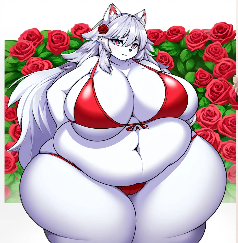wolf, female, huge breasts, huge hips, huge thighs, plump, voluptuous, morbidly obese, fat arms, fat legs, belly rolls, fat rolls,silver body,white spots,white markings, silver eyes,silver hair,shiny hair,messy hair,bikini, rose behind ear