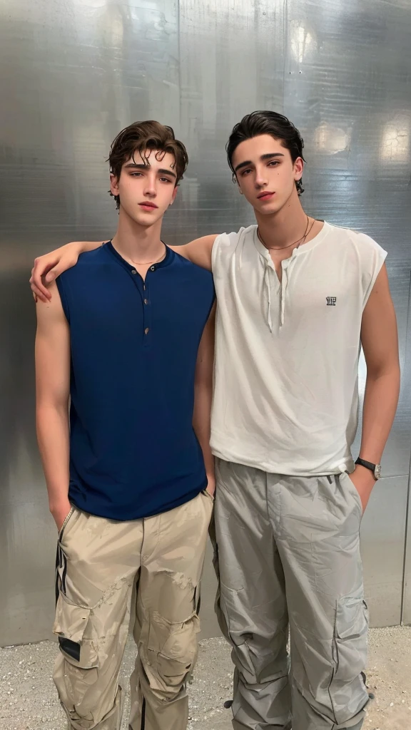 two men standing side by side in front of a metal wall, tall and handsome boys, zac retz, Two handsome men, by Alexis Grimou, ariana brand, Nick Silva and Ilya Kuvshinov, handsome boys, petros and leonid, two young people, sargent and raffaelo monti, timothy chalamet, siblings