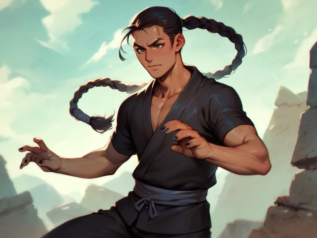 Brown skinned male with braided hair wearing a hataka with earthly tones. Ninja tools in his hands, ninja, black nails, battle stance, day, outdoors, solo, village