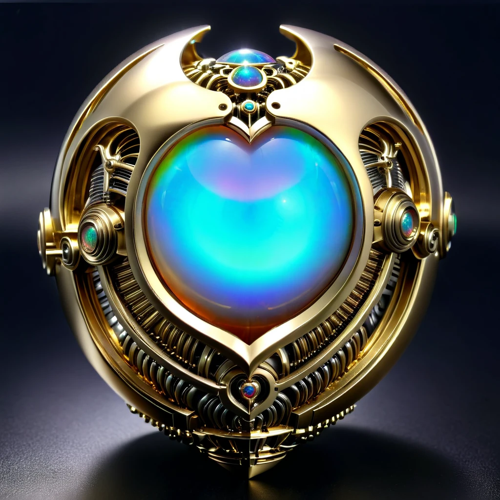 a gold and opal mechanical orb, giger style, silvercarvingcd_xl , rainbow heart aura,