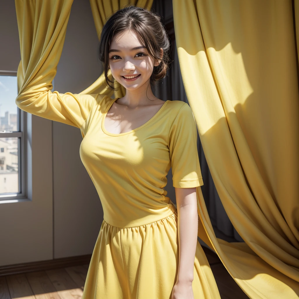 3d pixar style, Woman, standing, fully body, yellow clothes on the arm, smiling, curtain,