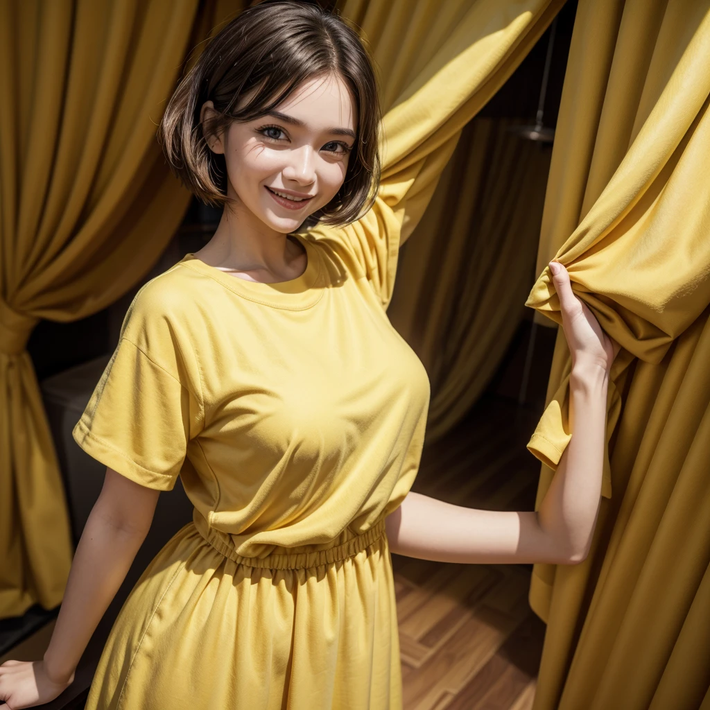 3d pixar style, Woman, standing,  fully body, yellow clothes on the arm, smiling, curtain, 