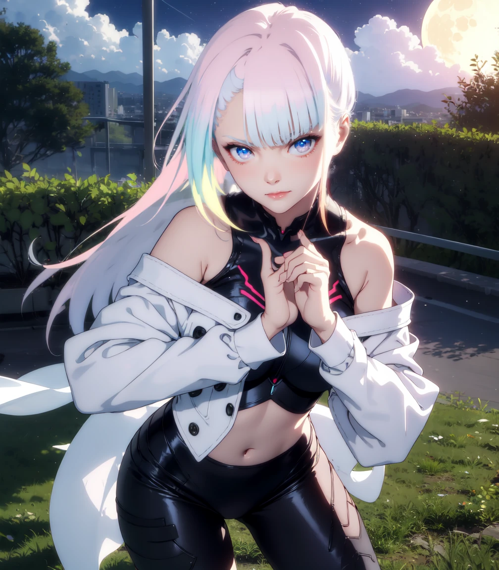 Masterpiece, best quality, 16k resolution, NVIDIA RTX Ray Tracing technology, Create a 4K resolution, ultra-realistic, and extremely detailed artwork, award winning, retina, soft light, sharp focus.(hyper-realistic:1.4), (full body:1.5), (Night, night time:1.4), from above
cyberpunklucy, lucy, short hair, bangs, blue eyes, blue hair, multicolored hair, makeup, (multicolored eyes:1.3), smile, model pose, modeling
BREAK bare hips, bodysuit, leotard, monowire, off shoulder, off-shoulder open clothes, MIDRIFF
BREAK outdoors, city, moon, night, sky, clouds,
sexy, Sexy, smooth perfect skin, smooth_skin
Beautiful、(red blush)、Sexy
FULL BODY SHOT, ultra wide angle, textured skin, face detail, clean skin, perfect hands, perfect anatomy, anatomically correct,
(Realistic park:1.3)