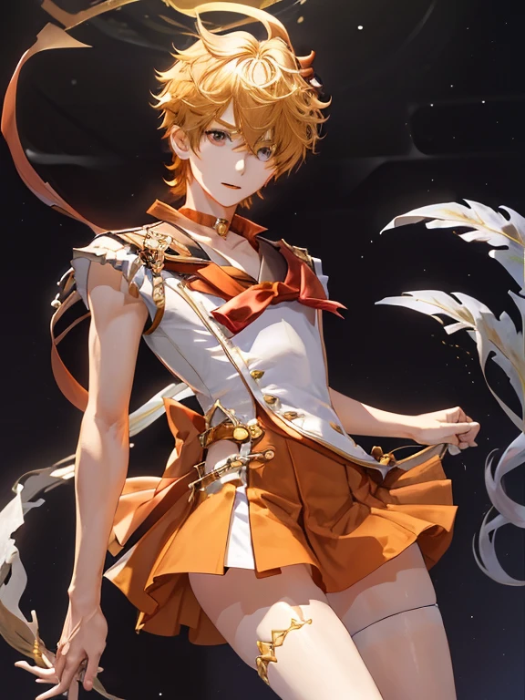 top-quality、​masterpiece、solo、hight resolution、sailorvenus、Short blonde boy、Boy with brown eyes、Orange Choker、Golden Choker、Golden Circlet、jewely、Sailor Senshi Uniform、white glove、elbowgloves、White leotard、highleg leotard、robe blanche、Orange sailor collar、Golden sailor collar、purple bowtie、Orange skirt、Golden skirt、a miniskirt、pleatedskirt、Orange High Heels、Golden high heels、bare upper arm、bare legagical Boy、Boy standing