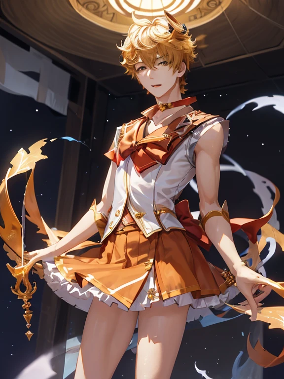 top-quality、​masterpiece、solo、hight resolution、sailorvenus、Short blonde boy、Boy with brown eyes、Orange Choker、Golden Choker、Golden Circlet、jewely、Sailor Senshi Uniform、white glove、elbowgloves、White leotard、highleg leotard、robe blanche、Orange sailor collar、Golden sailor collar、purple bowtie、Orange skirt、Golden skirt、a miniskirt、pleatedskirt、Orange High Heels、Golden high heels、bare upper arm、bare legagical Boy、Boy standing