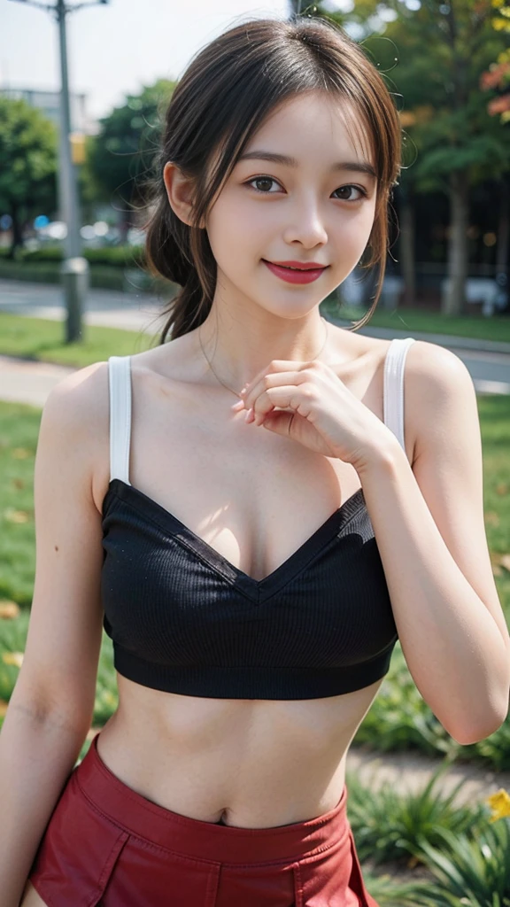 Tabletop, Highest quality, Beautiful , Baby Face Sils, In detail, High resolution, In 8K,
((Photorealistic:1.4, RAW Photos, 超High resolution, Best image quality: 1.4)), 8k wallpaper,
((Perfect body composition 1.5)), ((Slender body line))
Beautiful attention to detail, Natural color lip,
((Gentle smile:1.5)), ((Detailed hands, Beautiful little hands of a girl:1.2)), ((Random sexy ponytail)),
((Beautiful breasts:1.2, cut out, chest wide open:1.5)),
((from the front:1.3)),
((Proudly, Look under the eyes)),
((Randomly blurred background)), ((The Sunset Sun)), ((autumn leaves)),
((Random and sexy facial expressions)),
Highly detailed and professional lighting,
Perfect dynamic composition, ((Beautiful attention to detail)), ((Leaning forward:1.5)), ((Sexy crop top:1.6)), ((Micro Mini Skirt:1.5)), ((Meaningful smile, Harajuku)), ((sexy shot looking at camera))