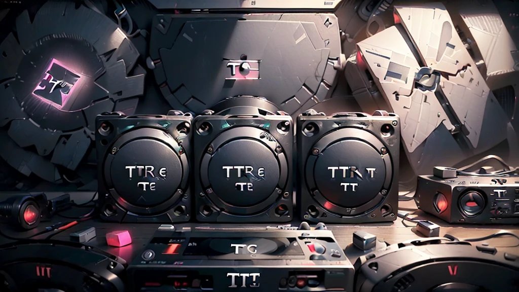 (DTG: 1.8), (DTG letters: 1.8), (Three letters: 1.8), DJ set, Music, cassette, CD Player, Futuristic device for music playing, Music reproducer, Lo-fi, writing, abstract, colorful, high resolution, high quality, neon colors, dark grey background, black grey grdient