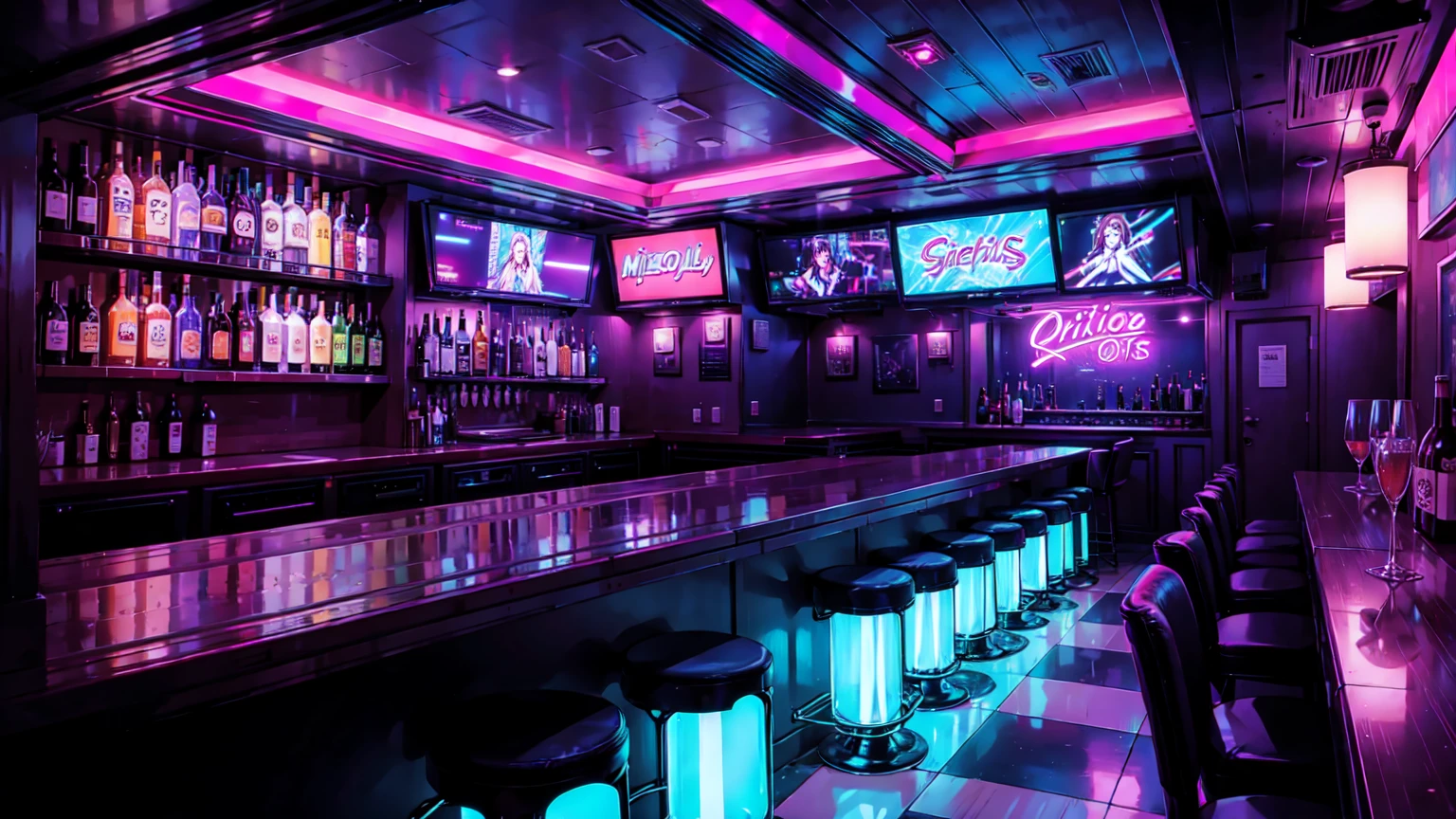 best quality, Strip Night Club interior with Bar, Neonlights in Peoples,