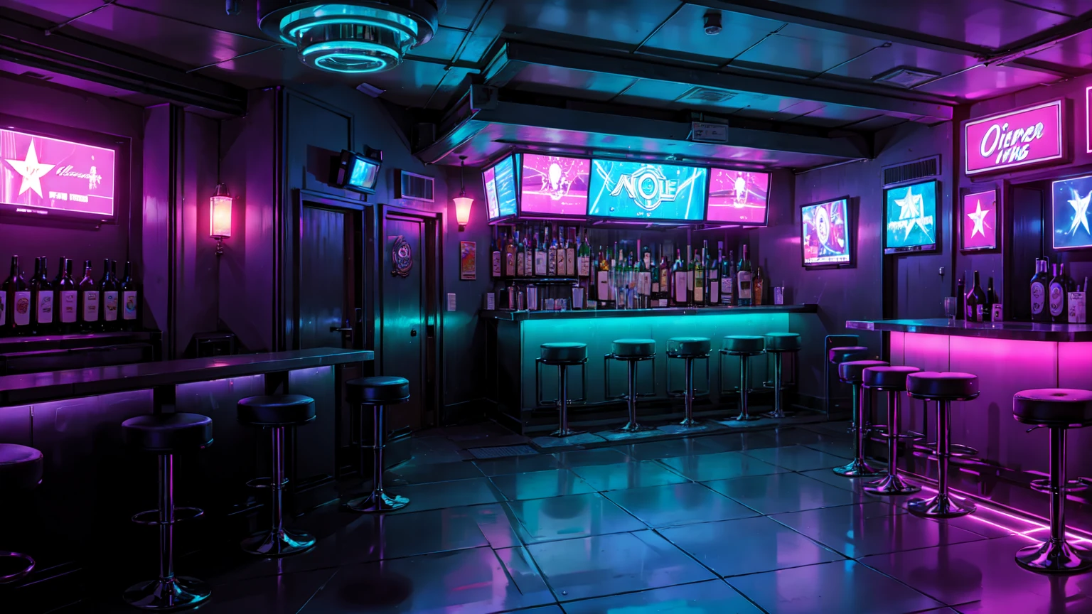 best quality, Strip Night Club interior with Bar, Neonlights in Peoples, 