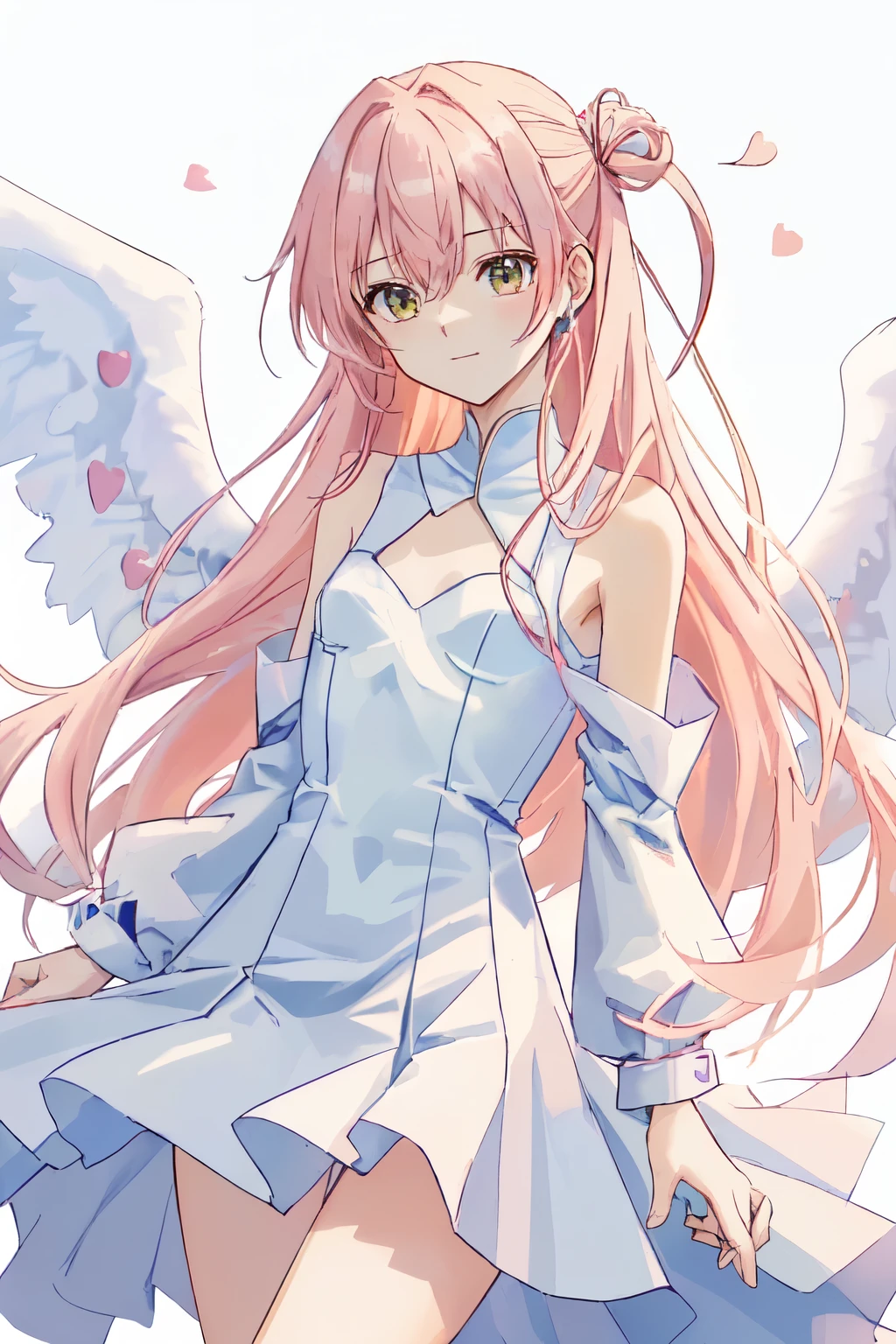 1_girl, (anime, kawai:2), (masterpeice, best_quality, clean:1.5), (sky_background:1.2), (cute, cute_smile, young:1.5), (delicate, extremely_delicate, beautiful, thin:1.5), (girlfriend, angel:1.8), (green_eyes, simple_eyes:1.8) (long_hair, blond_hair, wearing_pink_dress, pink_angel_wings, sexy_gloves:1.5), extremely_delicate, (love_magic:1.5), (age_size_fits_body), (small_thighs:1.3), (breasts), (eye_level:1.3), (heart_magic, love:1.5), (folded_legs:1.5), (combat:1.5)