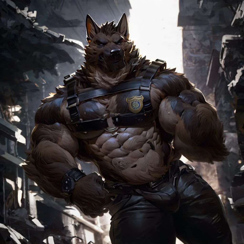 muscular male anthropomorphic german shepherd, black leather harness, police badge on harness, daddy on harness, black leather pants, black fur on body, tan fur on body, light light brown fur on body, fully sliver watch , extremely detailed, photo-realistic, cinematic lighting, dramatic shadows, powerful presence, rugged and intimidating, striking pose, intense gaze, chiseled features, rippling muscles, sleek and imposing, urban setting, gritty and industrial, moody color palette, dark and intense