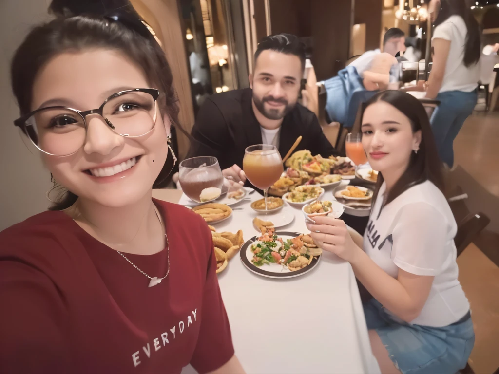 There are three people sitting at a table with drinks and food., powder Nándor Katona, family dinner, very low quality image, profile photo 1024px, 4k post, 4k post, in sao paulo, 8k selfie photograph, happy family, profile image, malika favre, instagram story, not blurry