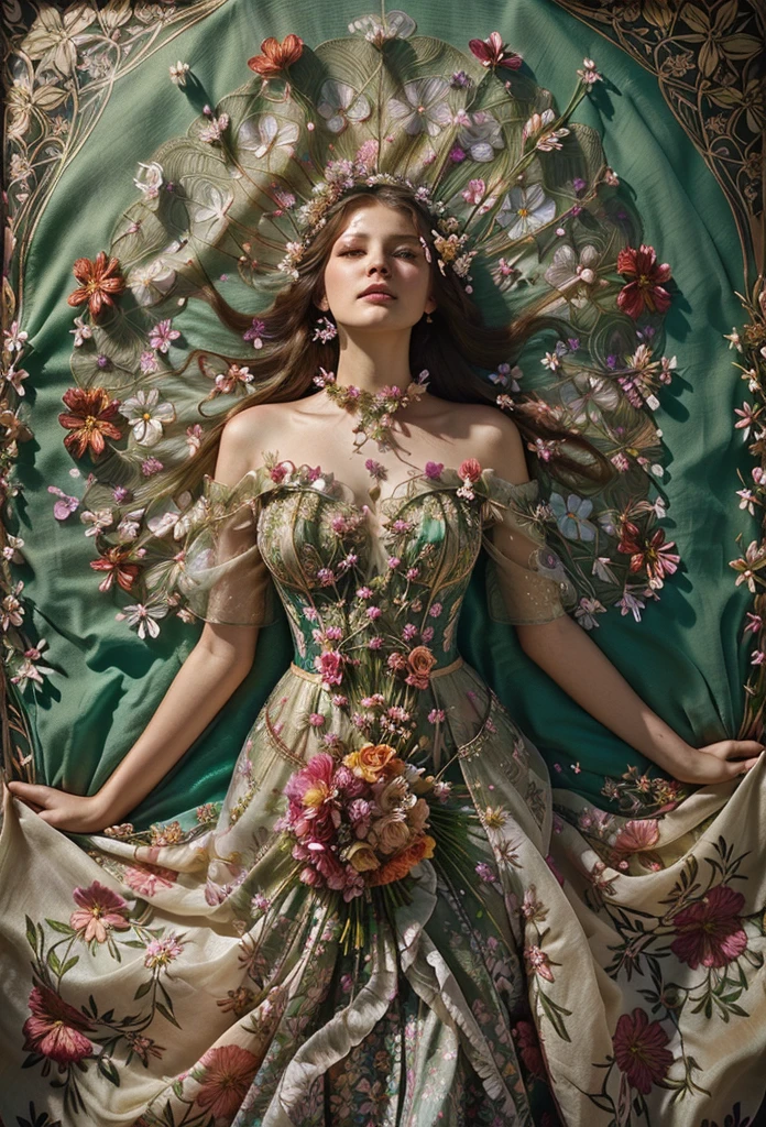 a woman in a dress with flowers on it laying down, lady with glowing flowers dress, covered with flowers, fine art fashion photography, intricate costume design, woman in flowers, intricate gown, flower storm portrait, fine art fashion magazine style, flower goddess, floral couture, covered in flowers, art nouveau fashion photography, ornate dress, an intricate dress, inspired by james christensen