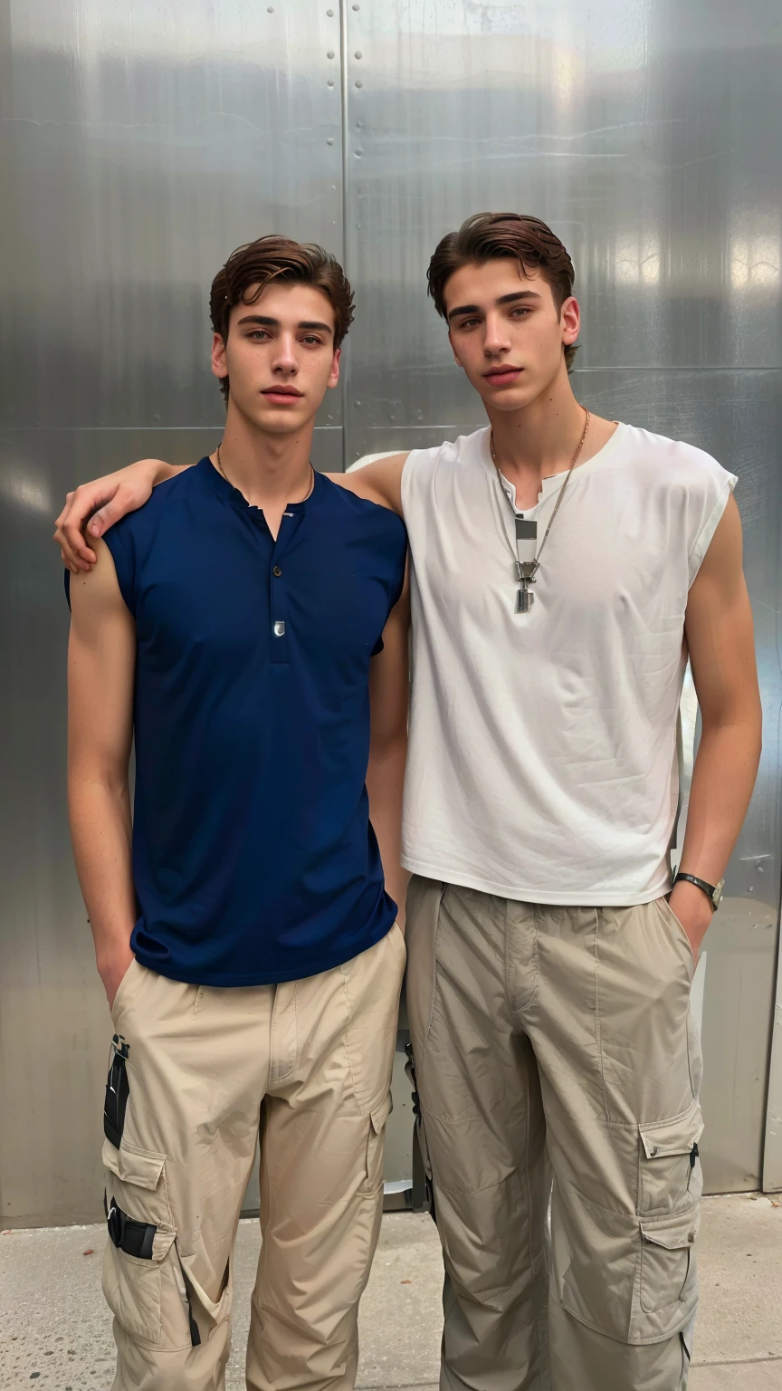 two men standing side by side in front of a metal wall, tall and handsome boys, zac retz, Two handsome men, by Alexis Grimou, ariana brand, Nick Silva and Ilya Kuvshinov, handsome boys, petros and leonid, two young people, sargent and raffaelo monti, timothy chalamet, siblings