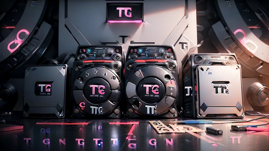 (DTG: 1.8), (DTG letters: 1.8), (Three letters: 1.8), DJ set, Music, cassette, CD Player, Futuristic device for music playing, Music reproducer, Lo-fi, writing, abstract, colorful, high resolution, high quality, neon colors, dark grey background, black grey grdient