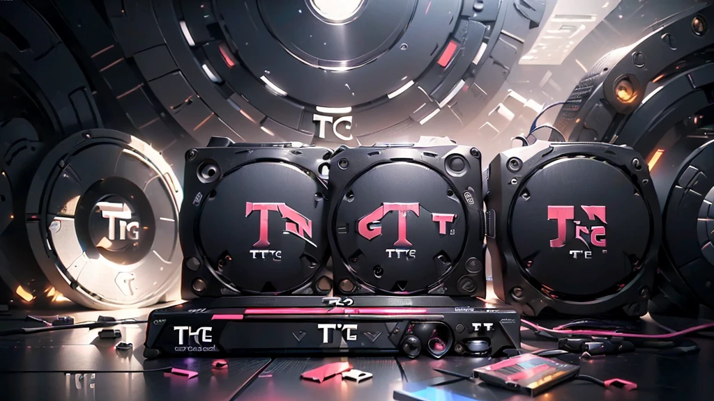 (DTG: 1.8), (DTG letters: 1.8), (Three letters: 1.8), DJ set, Music, cassette, CD Player, Futuristic device for music playing, Music reproducer, Lo-fi, writing, abstract, colorful, high resolution, high quality, neon colors, dark grey background, black grey grdient