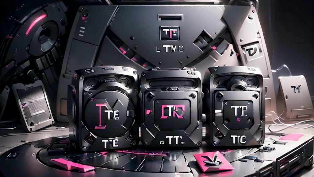 (DTG: 1.8), (DTG letters: 1.8), (Three letters: 1.8), DJ set, Music, cassette, CD Player, Futuristic device for music playing, Music reproducer, Lo-fi, writing, abstract, colorful, high resolution, high quality, neon colors, dark grey background, black grey grdient