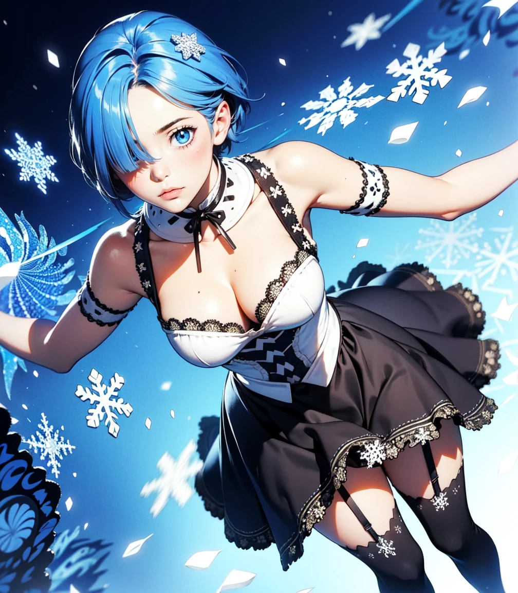 Masterpiece, best quality, 16k resolution, NVIDIA RTX Ray Tracing technology, Create a 4K resolution, ultra-realistic, and extremely detailed artwork, award winning, retina, soft light, sharp focus.(hyper-realistic:1.4) , (medium shot:1.5), (Fractal Art:1.9)、(snowflakes:1.3)、
Rem from rezero, (remrin), cute, lustrous skin, enchanting gaze, blue hair, short hair, (hair over one eye:1.3), blue eyes, roswaal mansion maid uniform, black skirt, garter belt, intricate lace, apron, white thighhighs, looking at viewer, strongly ashamed, embarrased, blushing, epic, cinematic, dramatic, reflective, shining, purple glow, big breasts, cleavage, sexy, modeling pose, turned
smooth perfect skin, smooth_skin
Beautiful、(red blush)、big breasts,
FULL BODY SHOT, ultra wide angle, textured skin, face detail, clean skin, perfect hands, perfect anatomy, anatomically correct