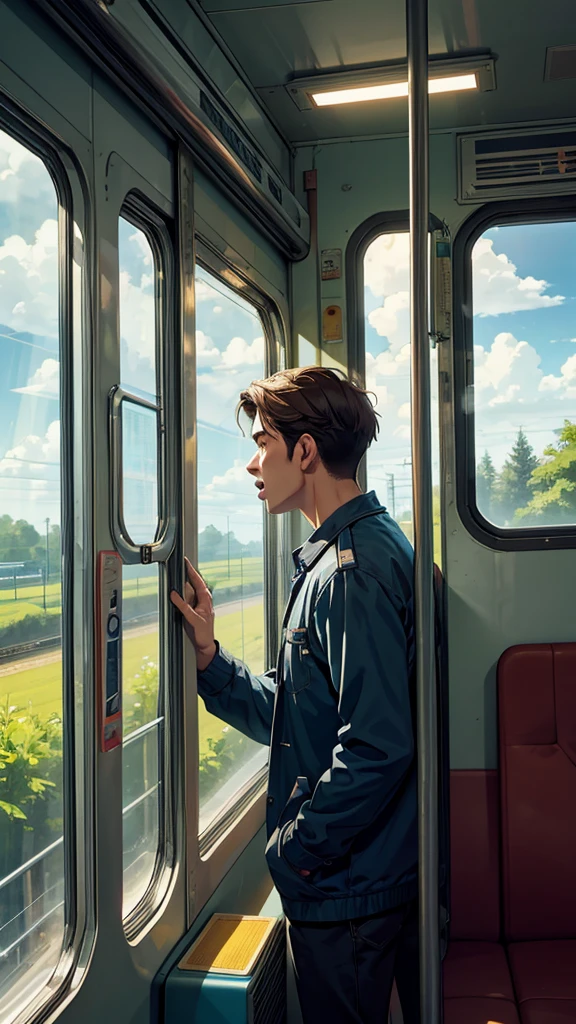 a man inside the train looking out the window to the beautiful clouds and the trees, is screaming