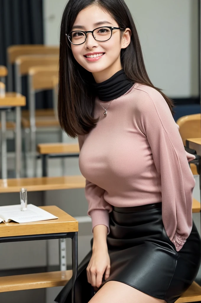 A voluptuous, rounded body、University lecture hall, university psychology associate professor, ((full body)), ((photo)), ((best qualtiy, 8K, tmasterpiece:1.3)), Focus:1.2, perfect figure beautiful woman:1.41woman, cowboy shot, look at viewer, eyes facing the camera, incredibly absurd, beautiful and cute woman with a photorealistic face, showcasing top-quality craftsmanship, A Japanese woman giving a lecture at a university lecture hall, 27 years old, with a bob cut and flipped hair, short bangs swept at an angle, smooth and shiny hair, natural hairline, fair and smooth skin, plump and healthy cheeks, large, jet black eyes, round eyes, long and upward-facing eyelashes, double eyelids, thin and straight eyebrows, small and round nose, plump lips, upturned corners of the mouth, charming smile, cute face, glamorous, well-balanced proportions, tall, beautiful D-cup breasts, silver-rimmed glasses, pink blouse, black tight skirt, fashion with a waist-marked silhouette, scarf, heeled shoes, vanilla perfume, beautiful, pretty older woman, glasses suit her, knowledgeable, playful, curious, smart, elegant, November