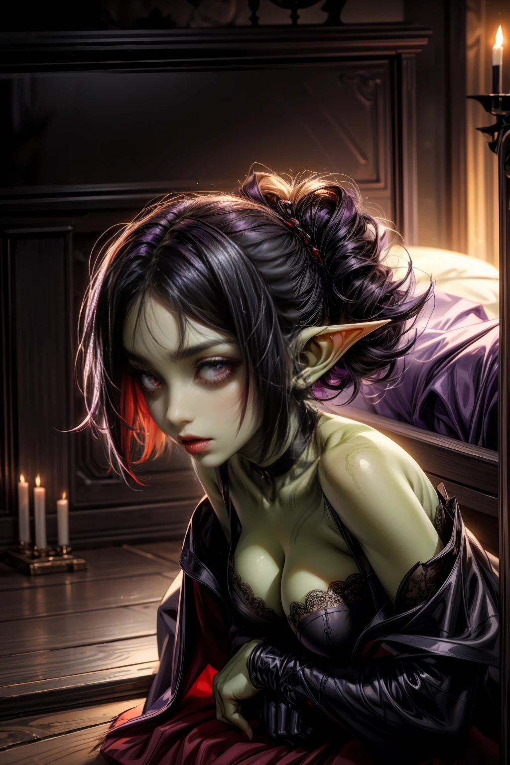 absurdrez, ((best quality)), ((masterpiece)), (detailed), dark gothic horror style, Halloween style, very small goblin girl, ((green skin)), pointy ears, (short purple hair with black streaks pixie hairstyle), aloof expression, bright red eyes, superior attitude, sassy, smug, wearing ornate open boudoir robe, full body, elegant, beautiful, dynamic pose, cinematic still, detailed eyes, in a gothic bedroom, wearing black and red jewelry, delicate, dark, dim lighting, backlit, rimlight, detailed breasts, undressing, removing black lace gloves, taking off black lace gloves, visible breasts, sexy, sexy smile, visible nipples, visible breasts, wants sex, in bedroom, bed in background