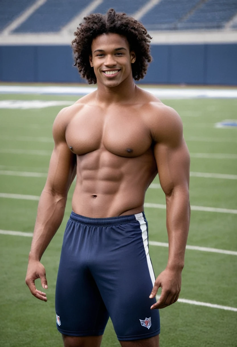 boy, 16 year old teenager, brawny, dark coffee tone skin, bluish brown eyes, rectangular face, medium curly black hair, thick lips, double chin, defined jaw, six pack abs, pernas brawnylas, wearing no shirt, confident grin, athlete, appealing, sensuous, wearing tight shorts for football, flexing his biceps triumphantly, posing in front of an American football field, Masculine Energy, determinate expression.