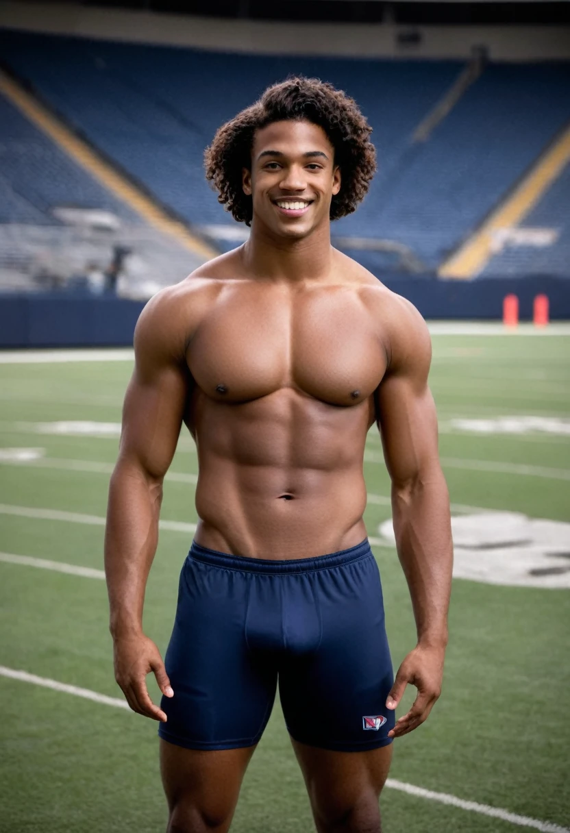 boy, teenager, bark coffee tone skin, bluish brown eyes, rectangular face, medium curly black hair, thick lips, double chin, defined jaw, six pack abs, pernas brawnylas, wearing no shirt, confident grin, athlete, appealing, sensuous, wearing tight shorts for football, flexing his biceps triumphantly, posing in front of an American football field, Masculine Energy, determinate expression.