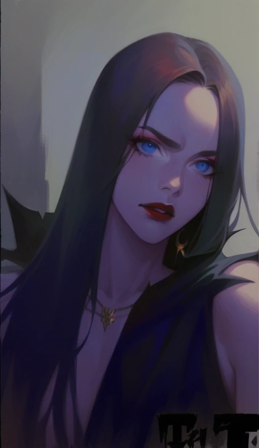 witch, long red hair, hair covering one eye, red eyebrows, potions on her belt, what looks like a gold symbol on her chest, gold earrings, black witch hat, black dress, red lipstick, blue eyes, the side of her shoulders are visible, because of her clothing ( her) right leg is visible, half of her left leg is visible, arm-like accessory that goes from her shoulder to the hands (it does not touch the hands) due to her clothing, tall, adult, anime girl, not cute, a little serious, a little shy.