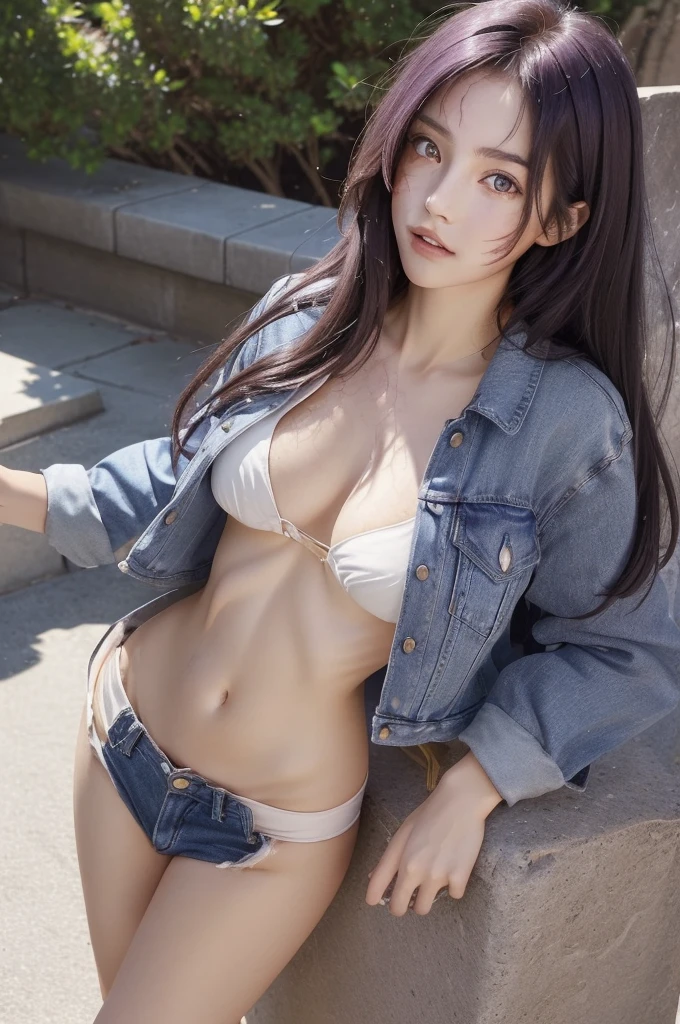 (masterpiece),(best quality), hair over right eye, looking at the viewer, thin body, dynamic poses, (medium breasts: 1.3), young girl, 8k,(summer sunny day:1.5), (seductive body details:1.3), long dark purple hair, purple eyes, seductive light smile, shy, skinny legs, (slender legs), big eyes, (((wind))), (high breasts), sharp breasts, (realistic style), full height, (burn scar on the right side of the face:1.5), (burn scar on the right side of the body:1.5), (clear left side of the body:1.2), hair over right eye, ((megane)), (slim waist), ((narrow hips)), (slender legs), medium breast, curvy, denim seductive suit, naked jacket, thight microshorts, (crop thight jacket:1.2)