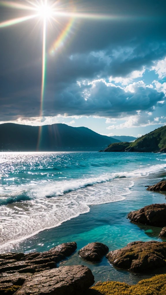 there is a rainbow in the sky over a beach with rocks and pebbles, seashore, Alpine Forest Landscape Photo，Steep mountain roads，Clear and transparent lake，wood，Bushes，Fallen leaves，Dawn Sun，Kasumi，Cliffs and mountains，Dilapidated，Lonely，cold，Foggy sky，Not a dazzling morning sun，Nightmare vision，Dark fantasy plot，Perfect and excellent composition，8K resolution，detailed，restricted，close ultra-wide angle shot，Realistic，Beautiful sky,Colorful clouds float，True to life, The private parts are clearly visible, Perfect perfection, Digital single-lens reflex camera, 1024, 2048, 4096, detailedな, sharp, Best Quality, high quality, Absurd，Unattended background，Very detailed、detailedな照明の影，Art Station Trends、Complex、expensivedetailed、dramatic、（Volumetric Lighting：1.2）HDR shot。（close，Super Depth of Field，Ultra Wide Angle，Microfocal Lenses：1.2）（Realistic：1.4）Masterpiece、expensive、expensive品質、beautiful photo，Global illumination magical beach, sunny rainbow galaxy stormy sea, by Igor Grabar, colorful hd picure, near the seashore, rainbow reflections, just one rainbow 8 k, beach landscape, still of rainbow ophanim, calm vivid colors, by Marie Bashkirtseff, beautiful beach