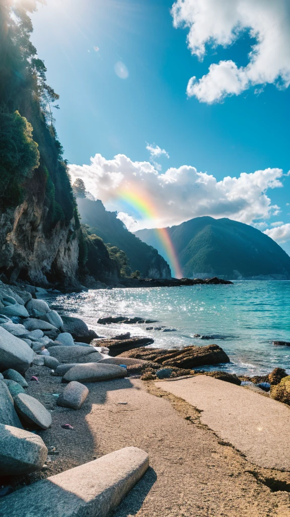 there is a rainbow in the sky over a beach with rocks and pebbles, seashore, Alpine Forest Landscape Photo,Steep mountain roads,Clear and transparent lake,wood,Bushes,Fallen leaves,Dawn Sun,Kasumi,Cliffs and mountains,Dilapidated,Lonely,cold,Foggy sky,Not a dazzling morning sun,Nightmare vision,Dark fantasy plot,Perfect and excellent composition,8K resolution,detailed,restricted,close ultra-wide angle shot,Realistic,Beautiful sky,Colorful clouds float,True to life, The private parts are clearly visible, Perfect perfection, Digital single-lens reflex camera, 1024, 2048, 4096, detailedな, sharp, Best Quality, high quality, Absurd,Unattended background,Very detailed、detailedな照明の影,Art Station Trends、Complex、expensivedetailed、dramatic、(Volumetric Lighting:1.2)HDR shot。(close,Super Depth of Field,Ultra Wide Angle,Microfocal Lenses:1.2)(Realistic:1.4)Masterpiece、expensive、expensive品質、beautiful photo,Global illumination magical beach, sunny rainbow galaxy stormy sea, by Igor Grabar, colorful hd picure, near the seashore, rainbow reflections, just one rainbow 8 k, beach landscape, still of rainbow ophanim, calm vivid colors, by Marie Bashkirtseff, beautiful beach