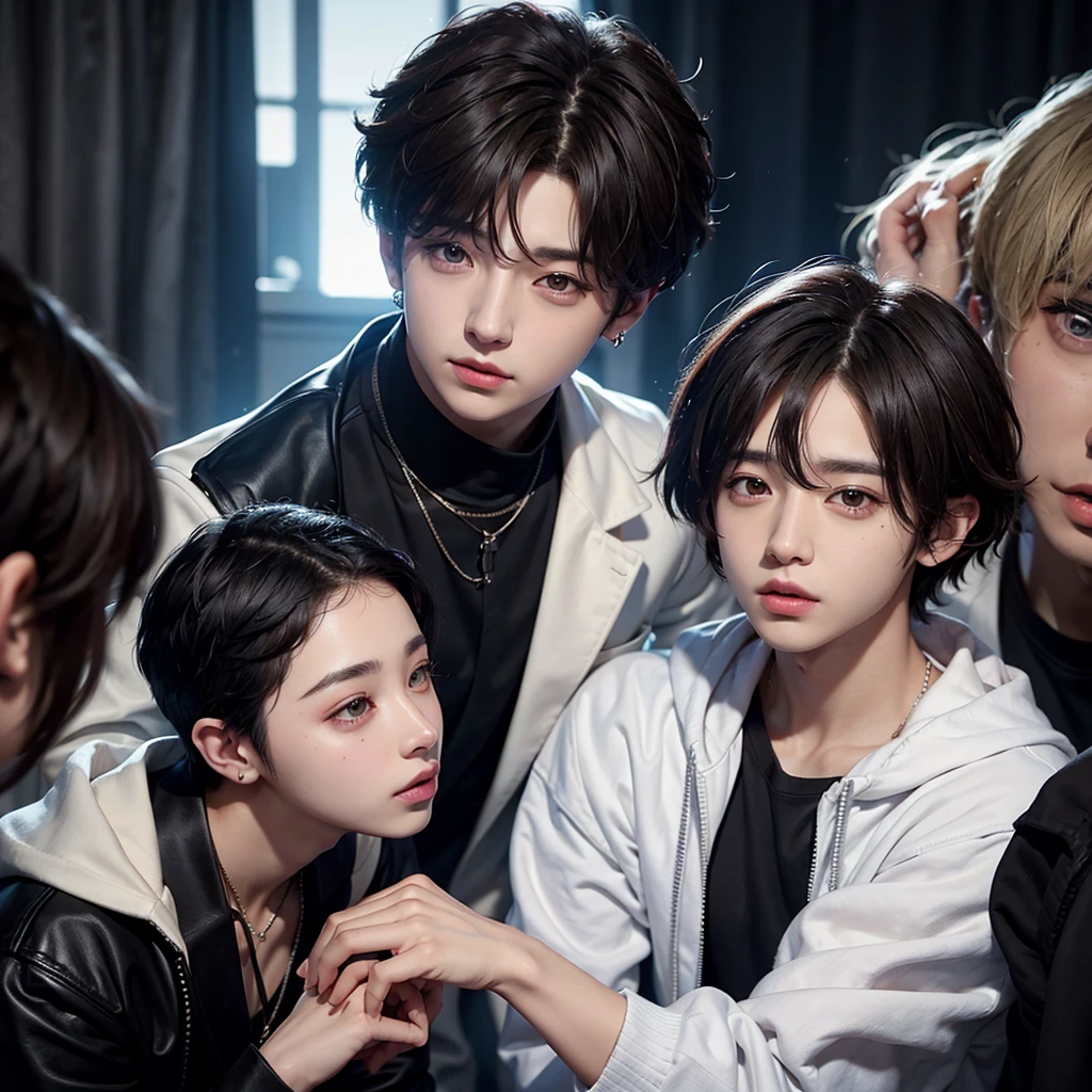 male, jungkook of BTS, male short hair, black eyes, maculine face