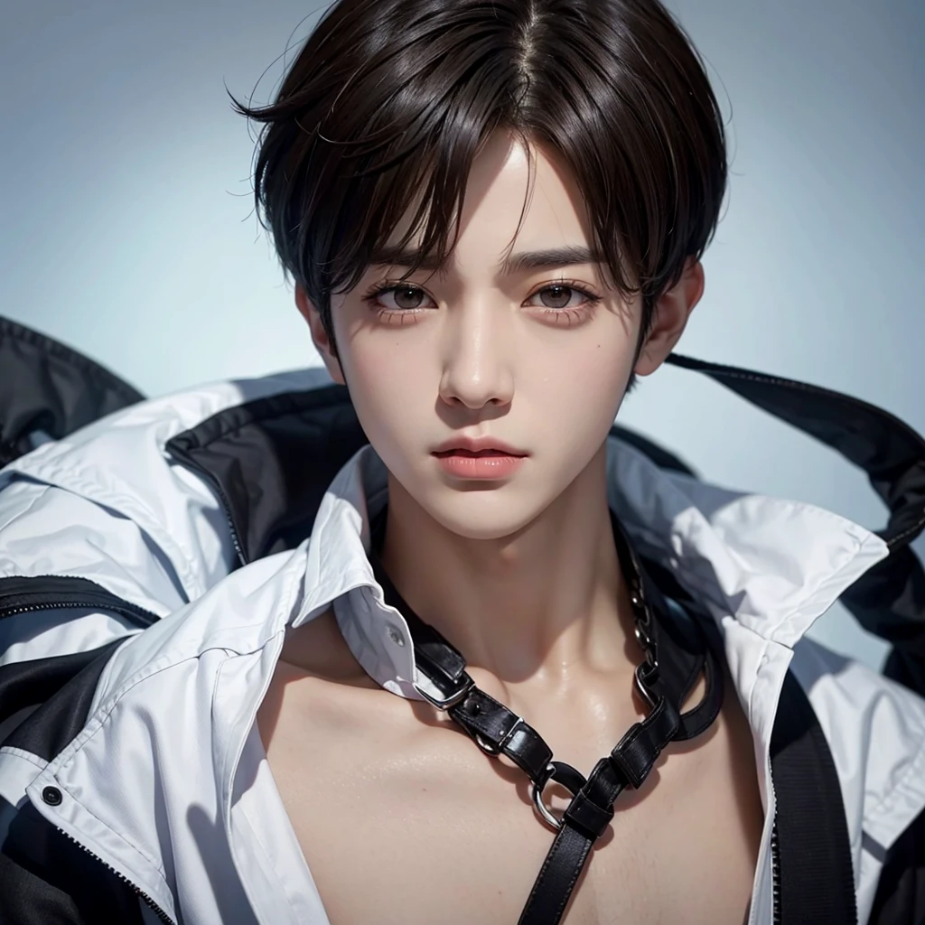 male, jungkook of BTS, male short hair, black eyes, maculine face