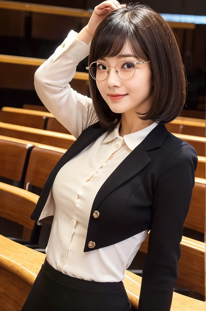 A voluptuous, rounded body、University lecture hall, university psychology associate professor, ((full body)), ((photo)), ((best qualtiy, 8K, tmasterpiece:1.3)), Focus:1.2, perfect figure beautiful woman:1.41woman, cowboy shot, look at viewer, eyes facing the camera, incredibly absurd, beautiful and cute woman with a photorealistic face, showcasing top-quality craftsmanship, A Japanese woman giving a lecture at a university lecture hall, 27 years old, with a bob cut and flipped hair, short bangs swept at an angle, smooth and shiny hair, natural hairline, fair and smooth skin, plump and healthy cheeks, large, jet black eyes, round eyes, long and upward-facing eyelashes, double eyelids, thin and straight eyebrows, small and round nose, plump lips, upturned corners of the mouth, charming smile, cute face, glamorous, well-balanced proportions, tall, beautiful D-cup breasts, silver-rimmed glasses, pink blouse, black tight skirt, fashion with a waist-marked silhouette, scarf, heeled shoes, vanilla perfume, beautiful, pretty older woman, glasses suit her, knowledgeable, playful, curious, smart, elegant, November