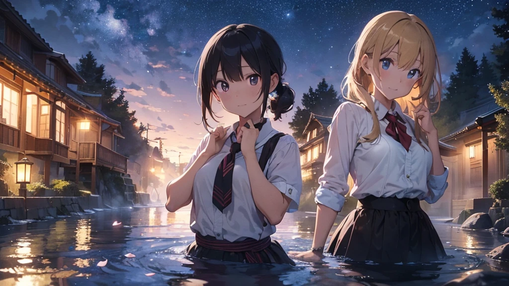 beautiful lips, cinematic, (work of art), (best qualityer), (ultra detali), very aesthetic, illustration, perfect composition, intricate details, absurderes, face detailed, (アニメ, work of art, intricate:1.3), (best qualityer, hire textures, high détail:1.2), (4K),(incredibily detailed:1.4) 《work of art》, 《best qualityer》, 《ultra detali》, hot spring, mist, stones, Cherry blossoms, glittery mist, moonlights, sky, lots of stars in the sky, water reflections of the night sky, floating lanterns above the water, flower petals in water, moon in the sky, Estilo de arte アニメ, worldofmist,
