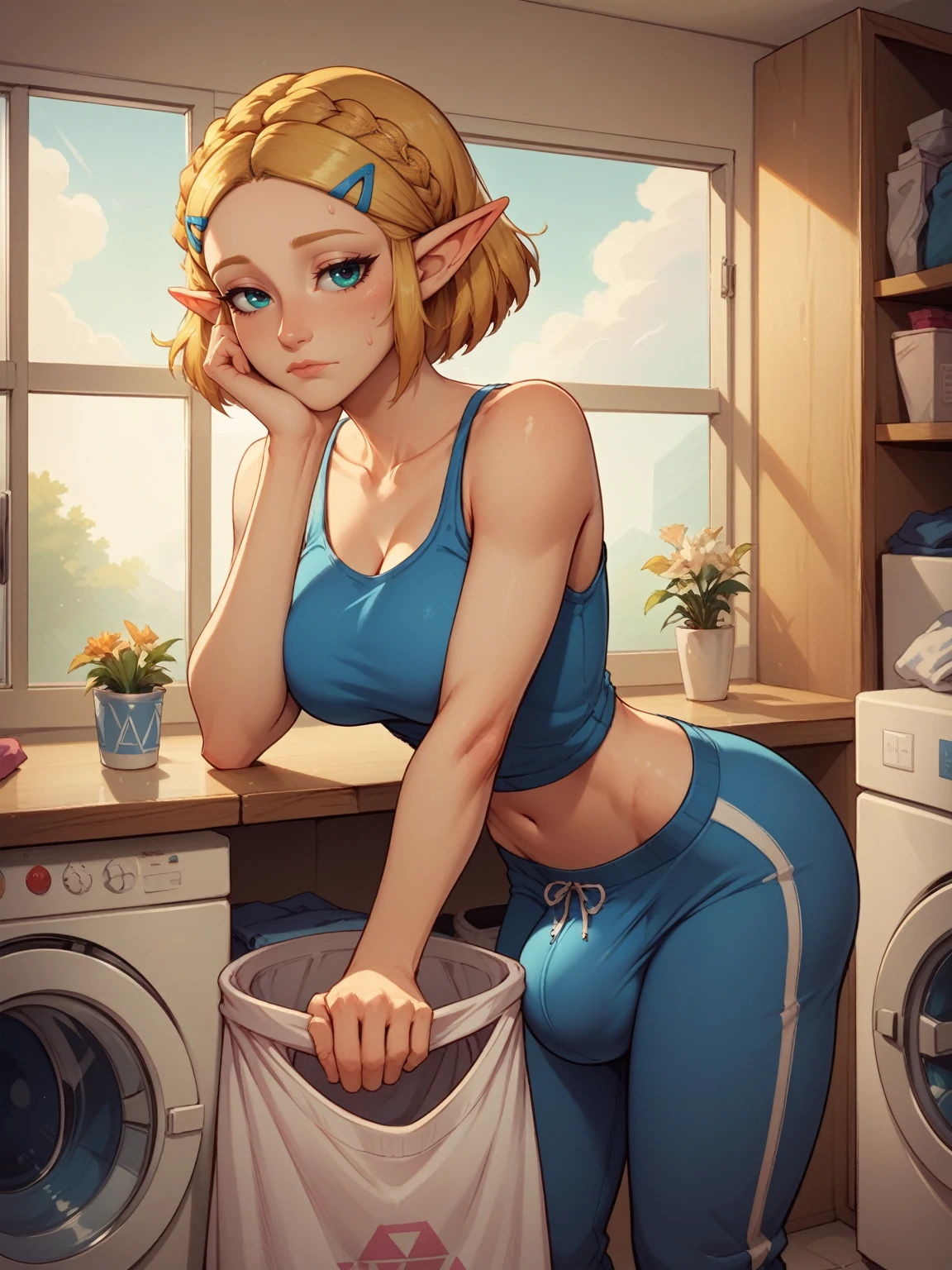 score_9, score_8_up, score_7_up, score_6_up BREAK solo,cowboy shot,laundry room,futa,princess zelda,huge huge bulge,penis shaped bulge,short hair,laundry basket,washing machine,dirty clothes,sweatpants,midriff,bored,leaning,chin rest,bent over,window,hand touching bulge,
