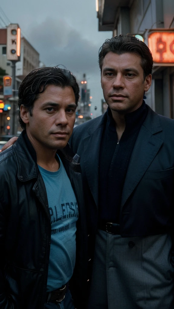 In 1980s San Francisco, Micheal, a single father, was struggling to make ends meet after his wife left him, When a prestigious stock brokerage firm offered him an unpaid internship, 4k realistic imagery, blue scenery like a movie scene, old american setting, inspired by blade runner movie scene, blue tone,