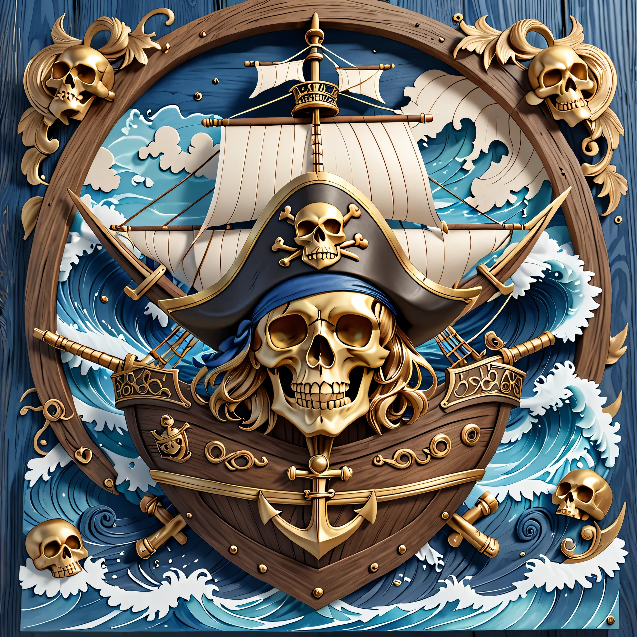 Design a 3 dimensional Carved wood Emblem or Plaque with a whimsical pirate aesthetic.   The Main Elements are a Skull wearing a Pirate Hat. behind the skull is a pair of crossed swords with gold handles and silver blades. the background is a Tall Sailing Ship set upon a Background of Stylized blue swirling ocean waves. incorporate thematic elements such as tiny, engraved skull motifs, ropes intertwined through the letters, enhancing the pirate aesthetic. Below the skull is a wooden scroll banner. Ensure that the detailing evokes an adventurous spirit with a touch of realism in the textures of wood and metal, making it appear as if it could belong on the side of a pirate ship or a treasure map.