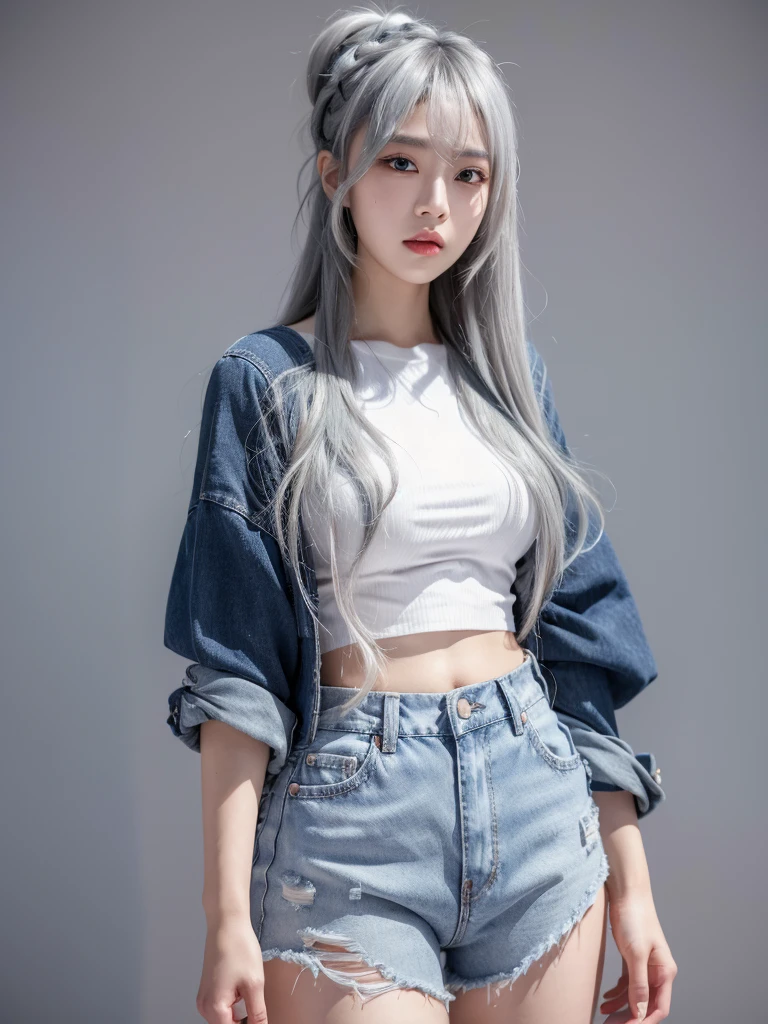 ultra HD resolution , 8k, photography, 21 year girl , Asian girl,beautiful girl, long hair , hair pin , silver hair ,hand holding hair ,b, medium , crop top , jeans shorts