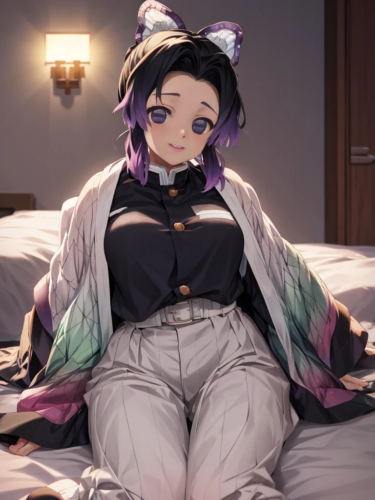 (NSFW), masterpiece, best quality, highres, 1woman, solo, kochou shinobu, butterfly hair ornament, purple eyes, multicolored hair, short hair, parted bangs, black pants, black jacket, long sleeves, belt, bedroom, pregnant, standing, wet, crying, ((Tears flow, cry with pain)),(BDSM), look at the front of camera, shame, be humiliated
