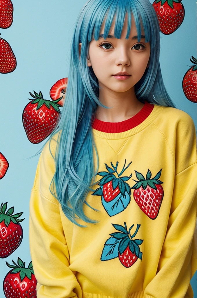 Light blue hair girl, with yellow sweater with red details and strawberry print, anime type