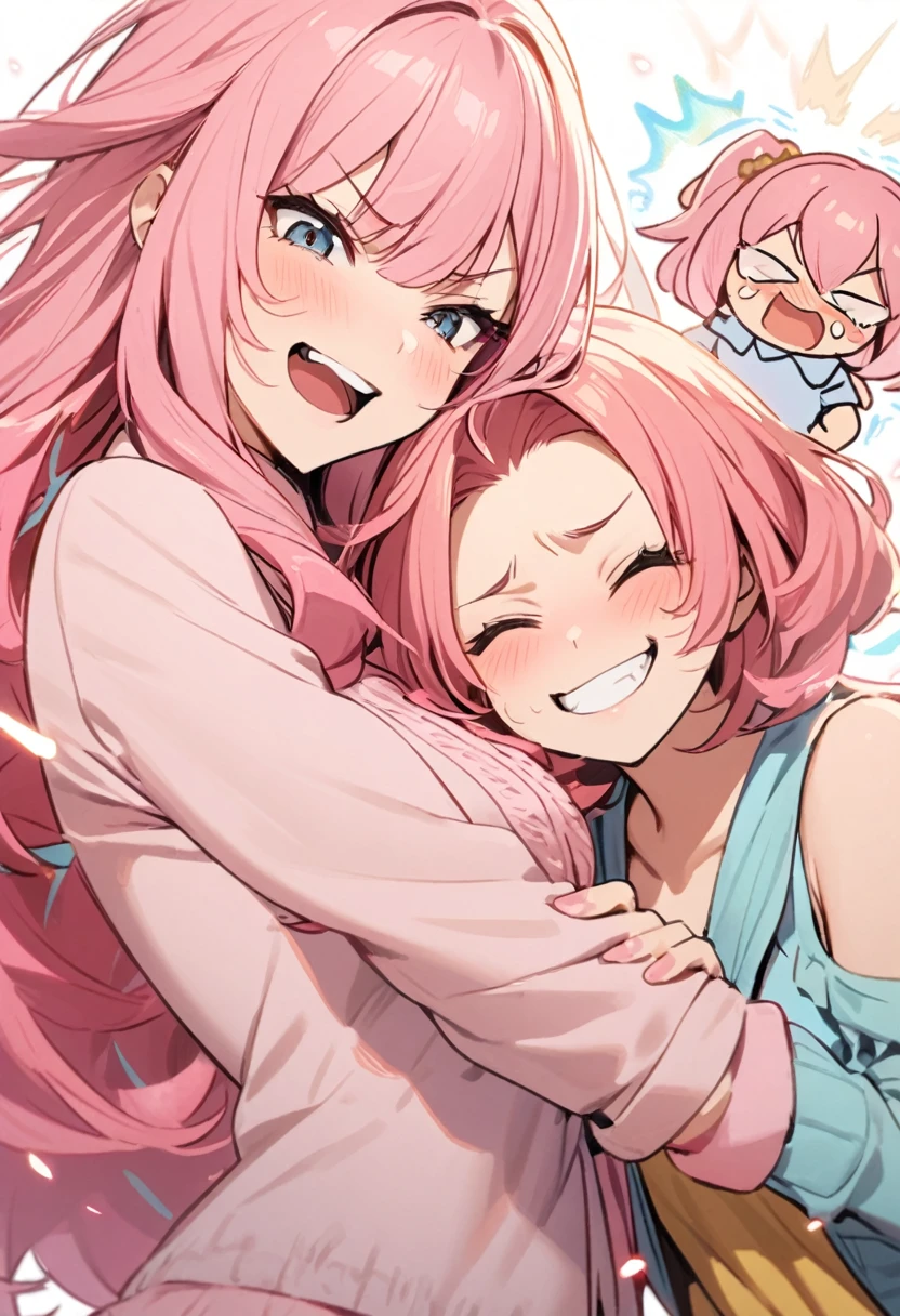 A wry smile、Grimacing、Pink Hair Woman, Drill Twin