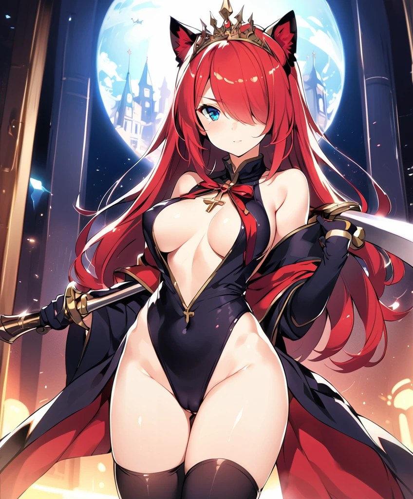 avenger,mid size breast,The chest area is exposed,Eyes are perfect, eyes color is scarlet, loose war kimono, bare shoulders, big sword,princess tiara,Cross Necklace,hair over one eye,Knee socks,Hair color is golden,Devilish,Church Background, high Quality,best quality, neko ears, corrupt church knight, sexy pose,capitan harlock vibes, inside a space ship, mid Skinny, cute, anime style, digital art style