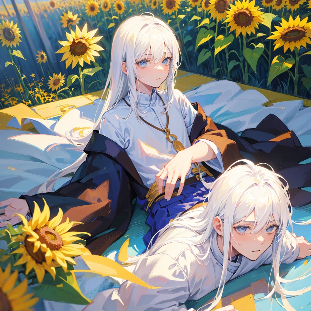 anime boy lying on the floor with sunflowers in the background, menino with white hair curto, anime look of a beautiful boy, , senko-san, anime moe art style, NYARUKO-SAN, animes de splash art , anime young man, white haired deity, cute anime boy, with white hair, clean and detailed anime art