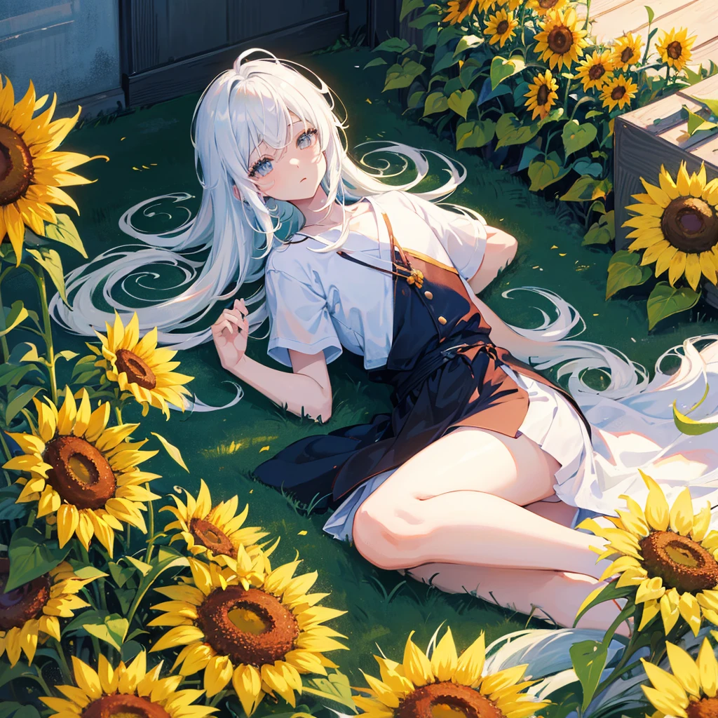 anime boy lying on the floor with sunflowers in the background, menino with white hair curto, anime look of a beautiful boy,  , senko-san, anime moe art style, NYARUKO-SAN, animes de splash art , anime young man, white haired deity, cute anime boy,  with white hair, clean and detailed anime art