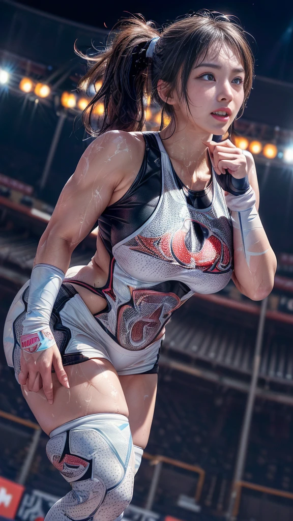 Female professional wrestler、Fighting Pose、tall、smile、((On the Ring))、((Spotlight))、(((large stadium)))、((Super big breasts))、(Saggy breasts)、((Ultra tight uniform))、Wristband、(((A flashy costume with a bizarre pattern)))、((Elbow Support))、((Knee support))、Taping on fingers、I can see your abuscular、Hairstyle with bangs、((Sweat))、((Match venue))、Very beautiful woman、((Female Athletes))、(Detailed face)、Realistic skin、((Delicate photo)),(Girl Masterpiece RAW Photo Details:1.25), (Highest quality:1.6), (Ultra-high resolution:1.5), (Realistic:1.75), 8K resolution, Canon EOS R5, 50mm, Absurd, Ultra-detailed,Cinema Lighting、