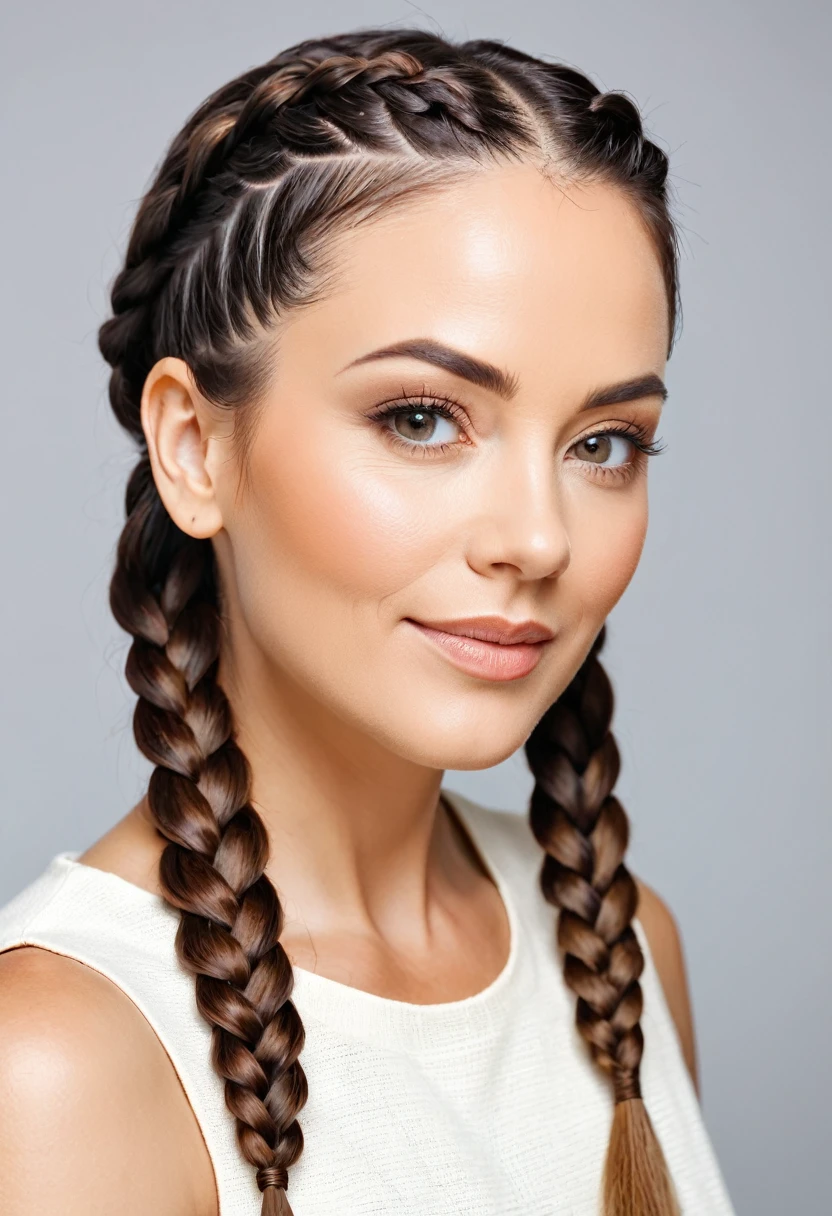 a beautiful woman, 35 years old, hair in ((two)) braids on each side, fine hair