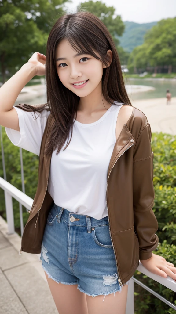 Highest quality、Producing the highest resolution 8K images。The model is a -yeld Jaese girl..。A work depicting a person smiling for a photo at a tourist spot.。Draw the upper body of the model。She has brown eyes and a model-like figure..、She has a cute face like an idol.。Her hair is a bob。Healthy skin color。Clothes、I'初夏のClothesを着ている.。