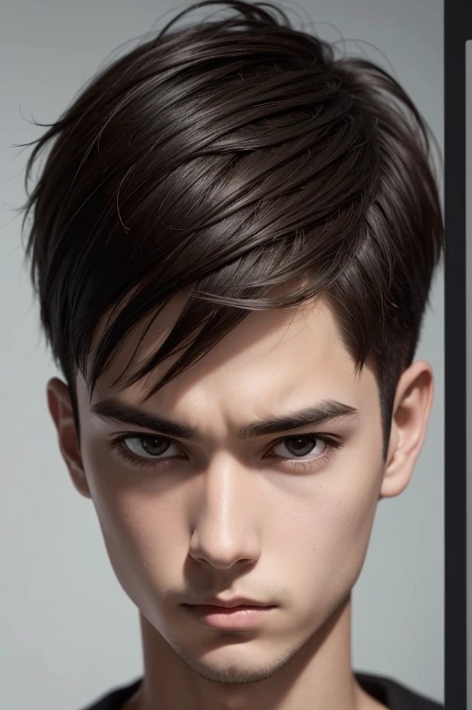 Create a profile image of a young man with very short hair and a serious face, with camera capturing the face from bottom to top
